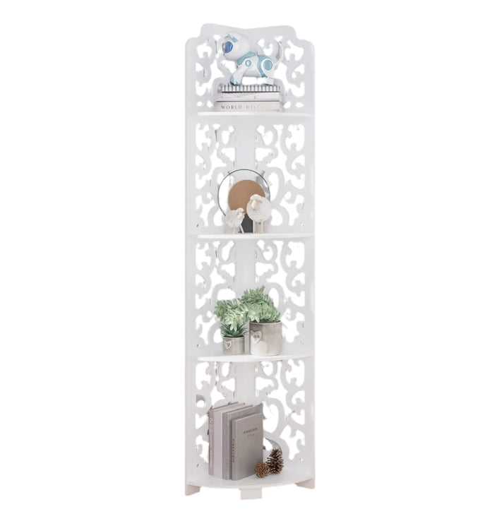 White Free-Standing Corner Shelf – 4-Tier PVC Storage Unit for Bathroom, Bedroom, Living Room & More