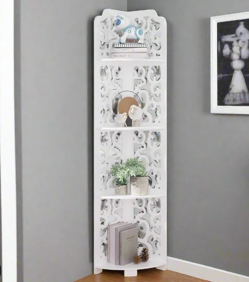 White Free-Standing Corner Shelf – 4-Tier PVC Storage Unit for Bathroom, Bedroom, Living Room & More