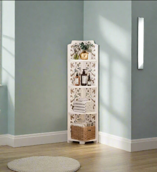 White Free-Standing Corner Shelf – 4-Tier PVC Storage Unit for Bathroom, Bedroom, Living Room & More