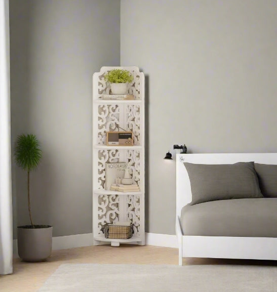 White Free-Standing Corner Shelf – 4-Tier PVC Storage Unit for Bathroom, Bedroom, Living Room & More