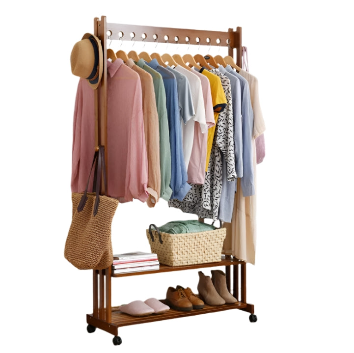 Rustic Bamboo Clothes Rail Rack with Rolling Wheels, Two-Tier Shoe Shelves, Adjustable Top Shelf