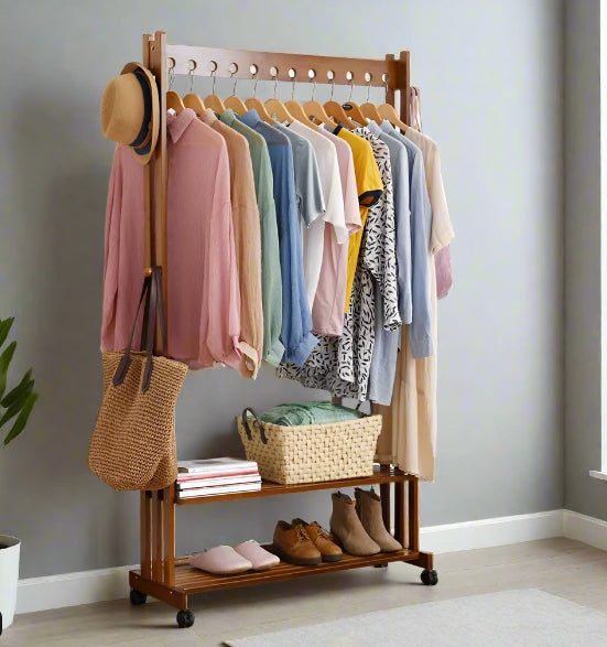 Rustic Bamboo Clothes Rail Rack with Rolling Wheels, Two-Tier Shoe Shelves, Adjustable Top Shelf