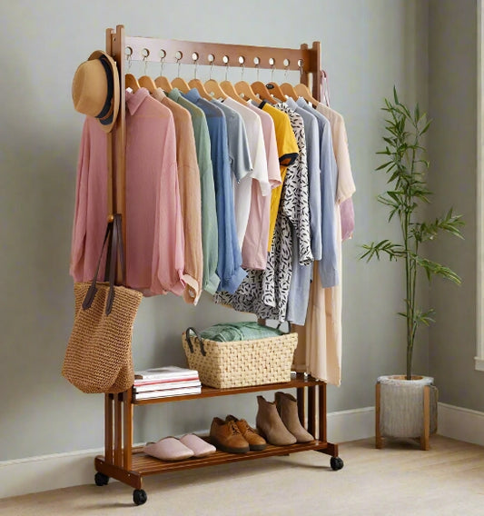 Rustic bamboo clothes rail rack with rolling wheels and shoe shelves