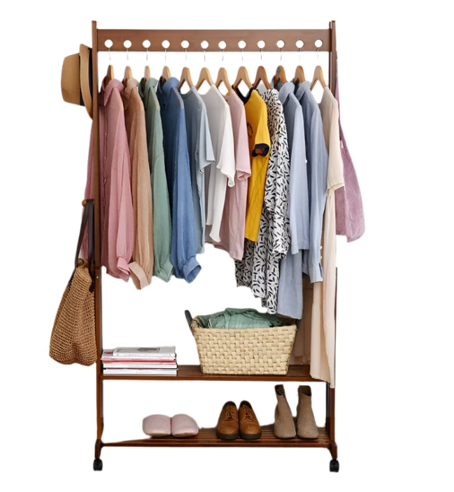 Rustic Bamboo Clothes Rail Rack with Rolling Wheels, Two-Tier Shoe Shelves, Adjustable Top Shelf