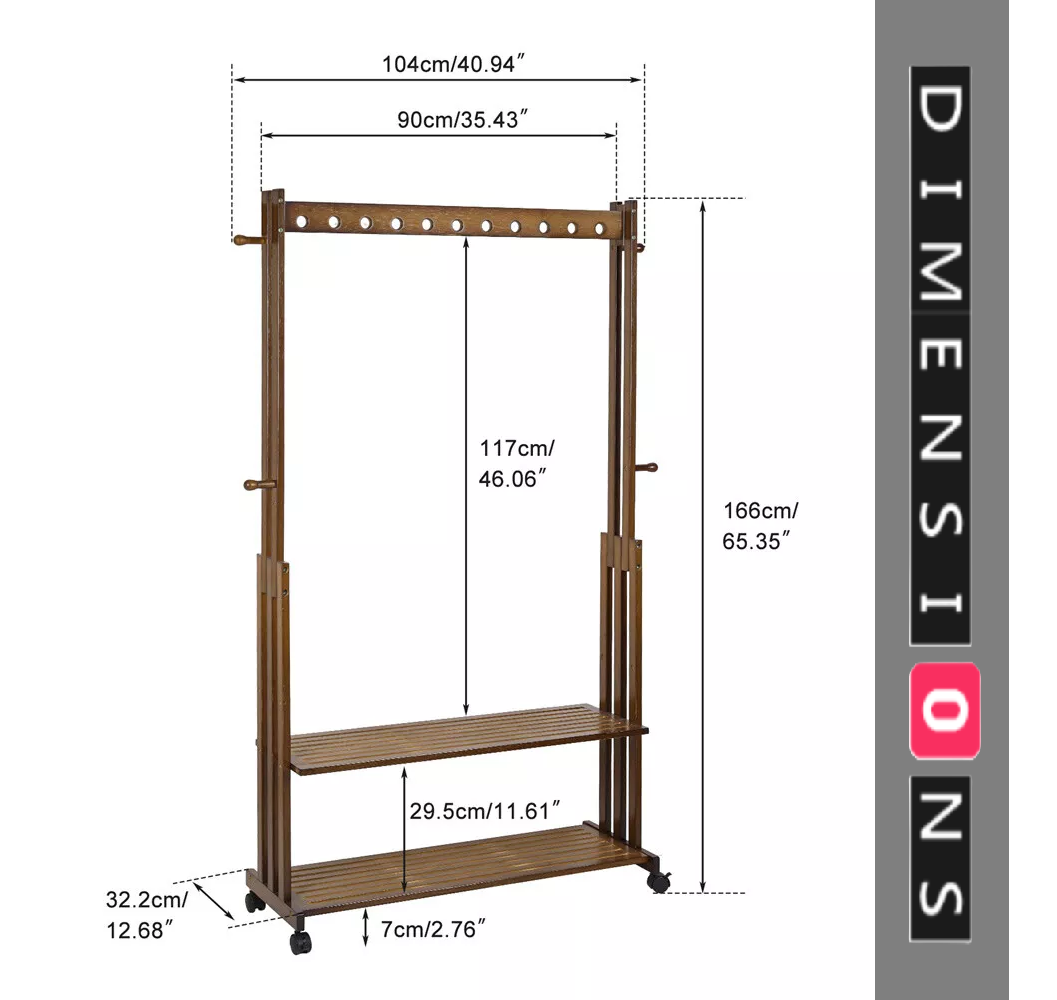 Rustic Bamboo Clothes Rail Rack with Rolling Wheels, Two-Tier Shoe Shelves, Adjustable Top Shelf
