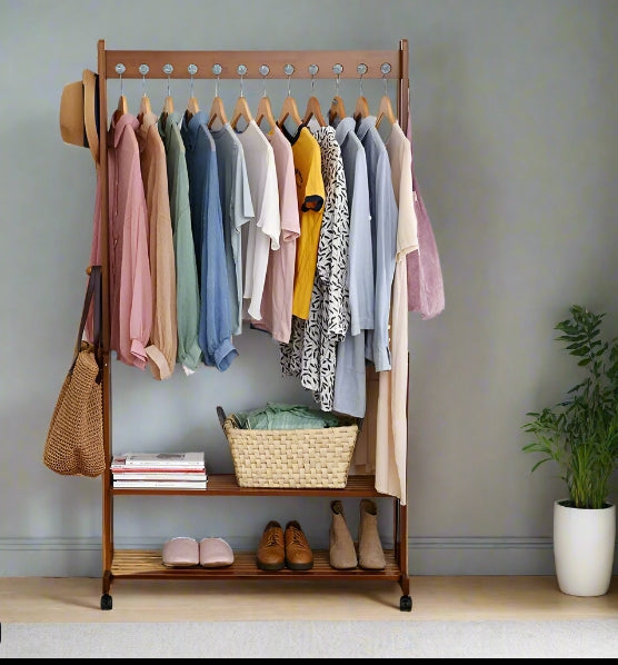 Rustic Bamboo Clothes Rail Rack with Rolling Wheels, Two-Tier Shoe Shelves, Adjustable Top Shelf