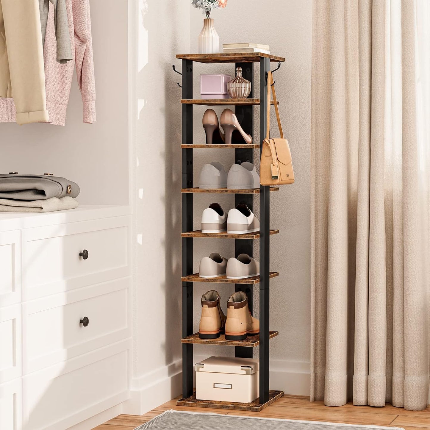 8 tier industrial style shoe rack, tall rustic shoe storage