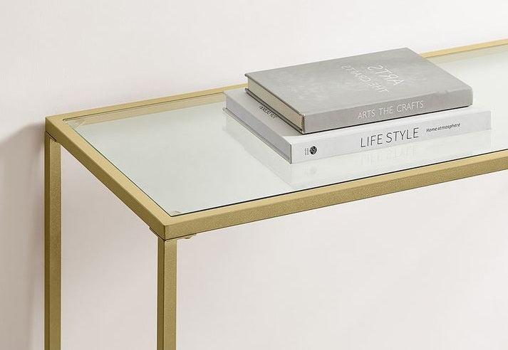 Modern Golden Metal Console Table with Tempered Glass Top – 100 x 35 x 80 cm