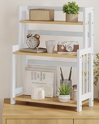 Wooden shelf with various decorative items against a beige wall
