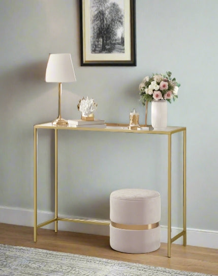 Modern Golden Metal Console Table with Tempered Glass Top – 100 x 35 x 80 cm