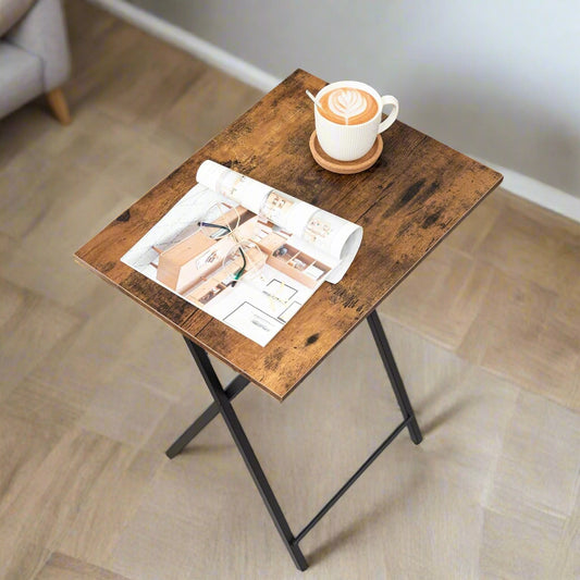 Rustic brown industrial folding side table with black metal frame, ideal for sofa snacks, TV dinners, or small-space living