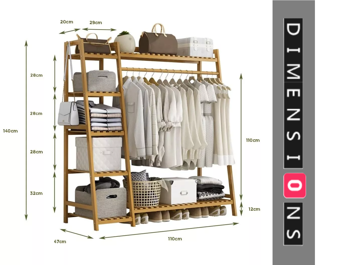 Bamboo Clothes Storage Rack with Shelves and Hanging Rail, Freestanding Garment Organizer