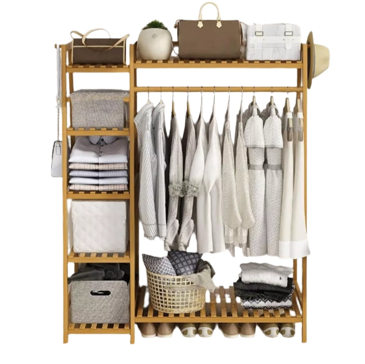 Bamboo Clothes Storage Rack with Shelves and Hanging Rail, Freestanding Garment Organizer