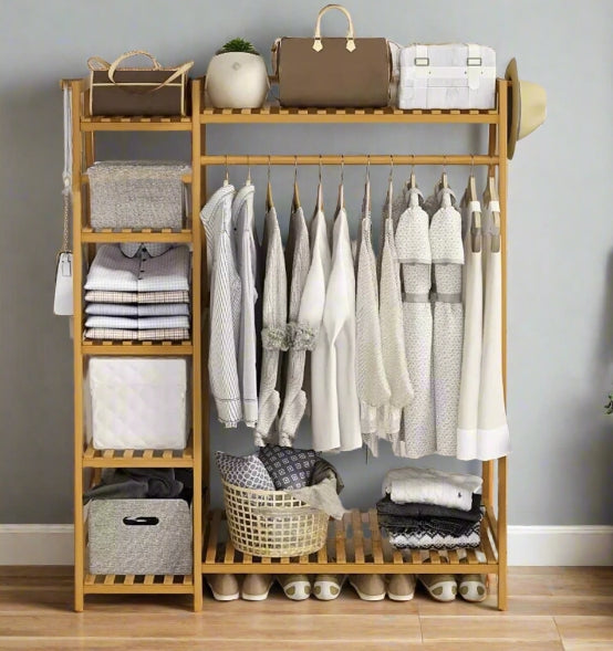 Bamboo Clothes Storage Rack with Shelves and Hanging Rail, Freestanding Garment Organizer