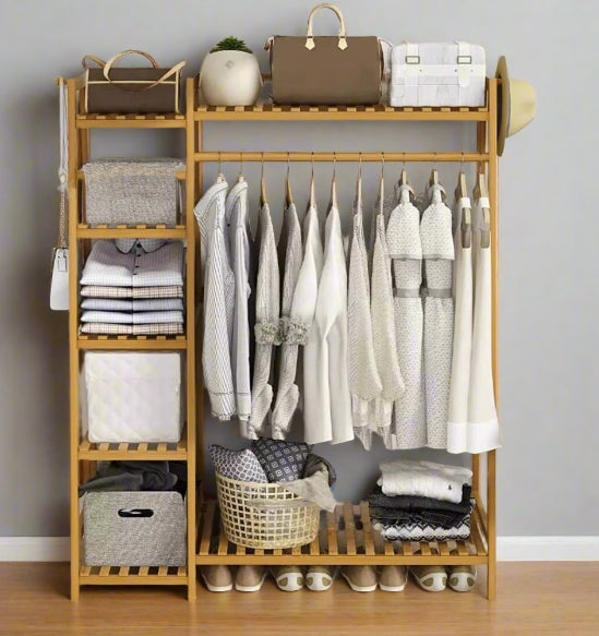 Bamboo Clothes Storage Rack with Shelves and Hanging Rail, Freestanding Garment Organizer