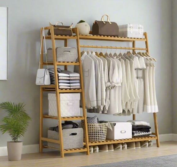 Bamboo Clothes Storage Rack with Shelves and Hanging Rail, Freestanding Garment Organizer