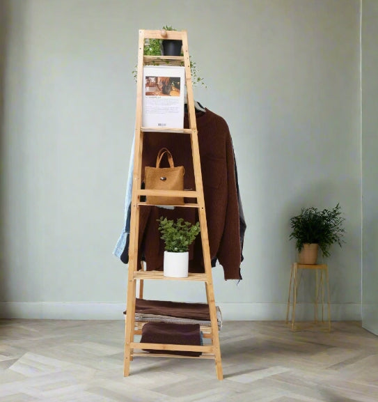 Bamboo Clothes Storage Rack with Shelves and Hanging Rail, Freestanding Garment Organizer