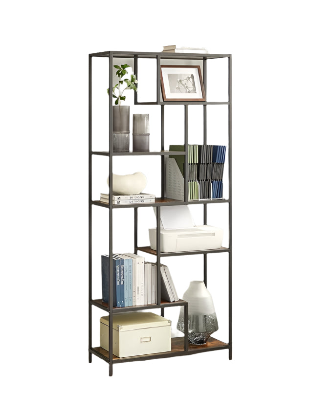 Rustic brown and black 6-tier geometric bookcase with steel frame for living room, kitchen or office