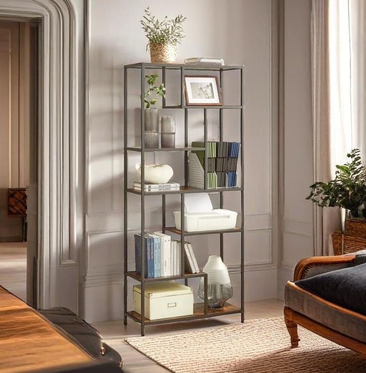 Rustic 6-Tier Geometric Bookcase – Industrial Display Shelf for Living Room, Study, Kitchen