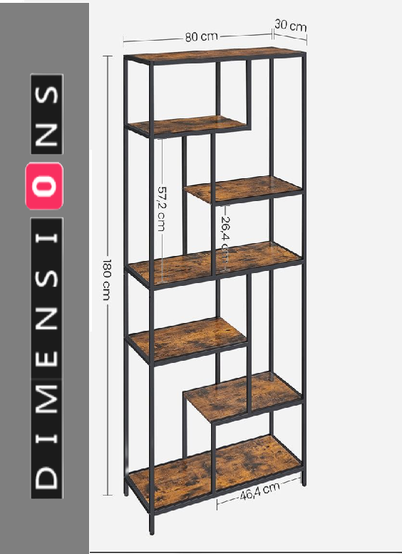 Rustic 6-Tier Geometric Bookcase – Industrial Display Shelf for Living Room, Study, Kitchen