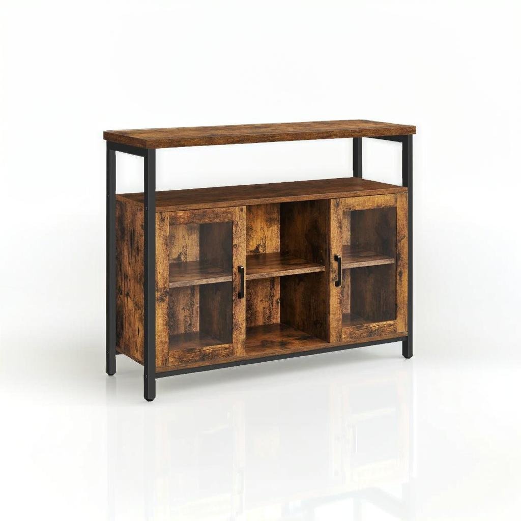 Rustic Sideboard Buffet Table with Glass Doors – Storage Cabinet with Adjustable Shelves