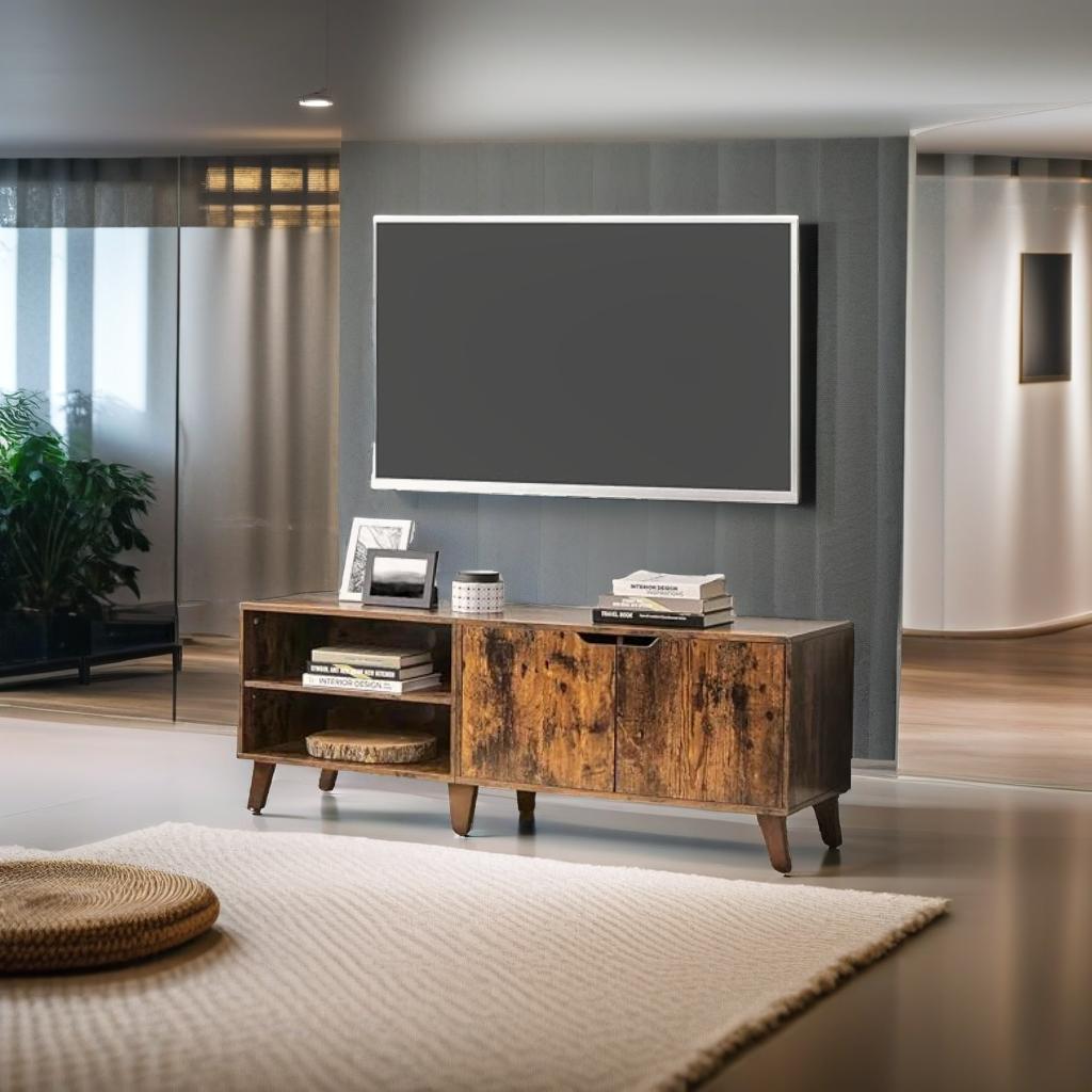 Rustic Brown TV Stand with 2 Doors & Adjustable Shelves – 140cm Unit for TVs up to 65” – Living Room Storage Cabinet
