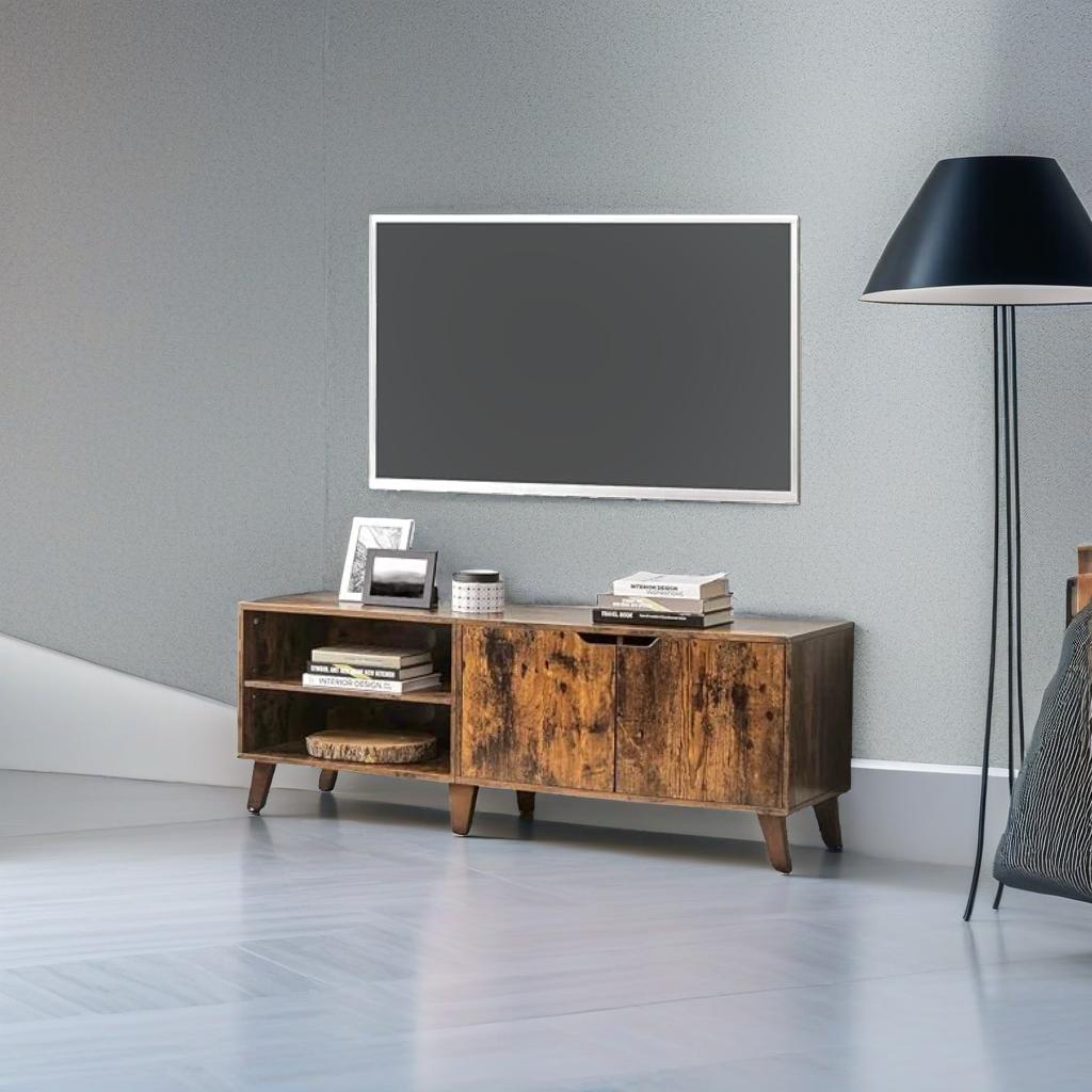 Rustic Brown TV Stand with 2 Doors & Adjustable Shelves – 140cm Unit for TVs up to 65” – Living Room Storage Cabinet