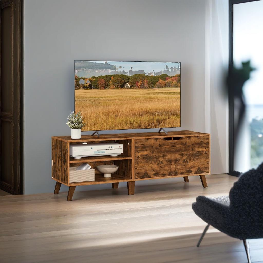 Rustic Brown TV Stand with 2 Doors & Adjustable Shelves – 140cm Unit for TVs up to 65” – Living Room Storage Cabinet