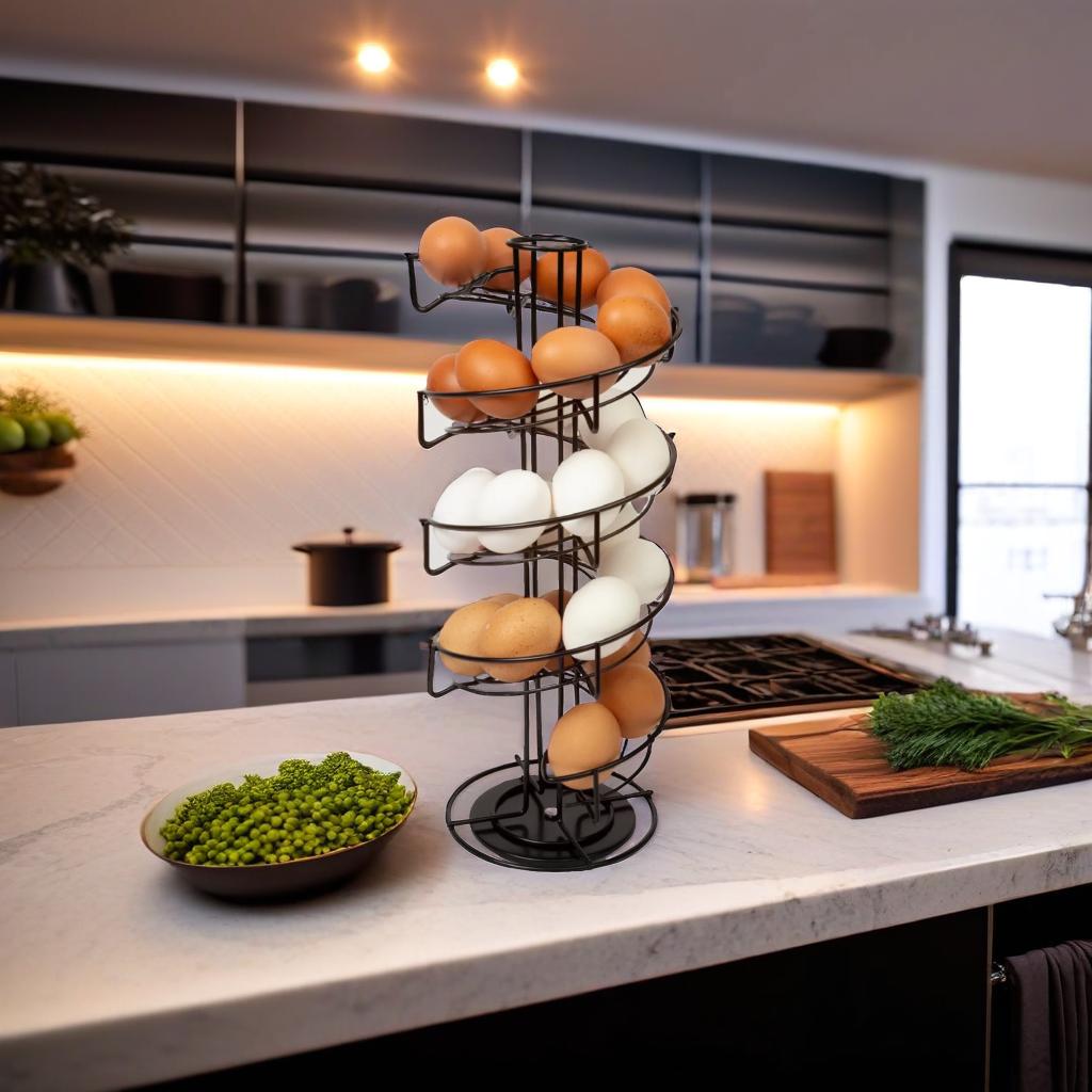 Black Spiral Egg Holder Rack Rotating Skelter Stand Holds 32 Eggs Kitchen Dispenser