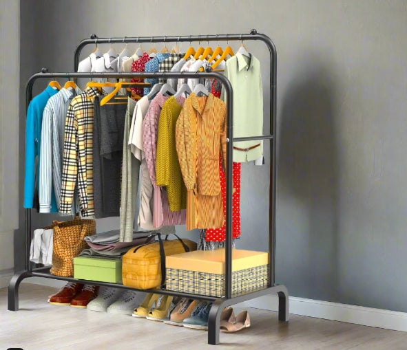 Heavy Duty Double Rail Clothes Rack – Steel Garment Hanging Stand with Shelf, 110cm Black Display Rail