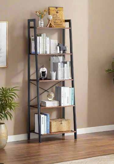 5-tier industrial ladder bookshelf with black metal frame and wood shelves, used for displaying books and home decor