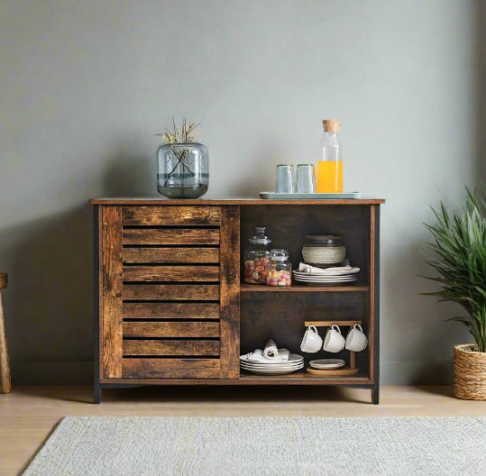 Industrial sideboard with black steel frame and rustic brown sliding louvered doors, ideal for kitchen, dining room, or hallway