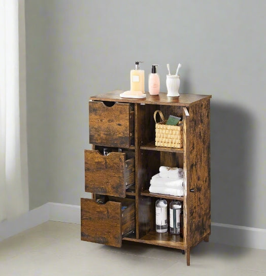 Rustic Bathroom Floor Cabinet with 3 Drawers & Adjustable Shelves – Wooden Storage Unit for Bathroom