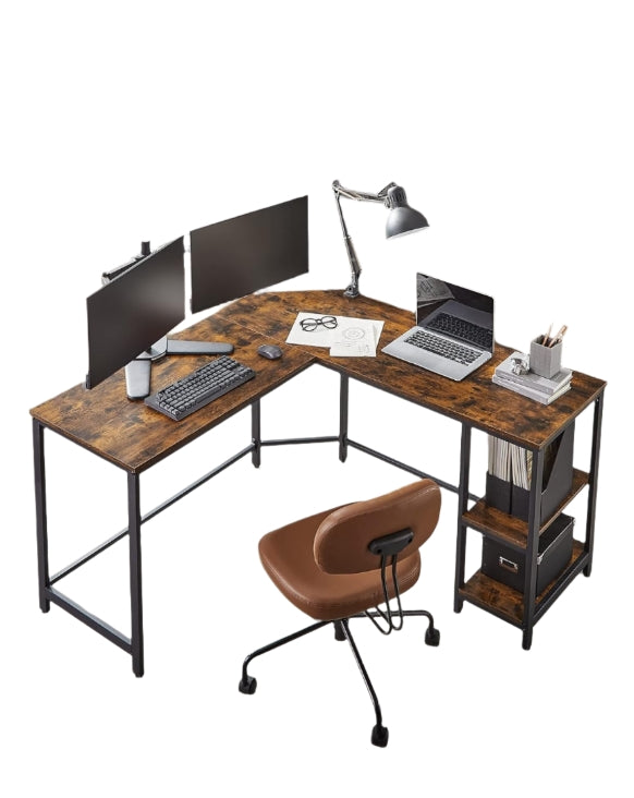 Rustic Brown & Black L-Shaped Computer Desk with Storage Shelves – 138x138 cm