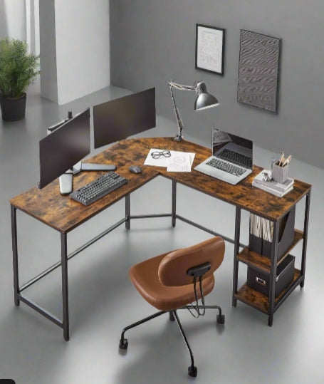 Rustic Brown & Black L-Shaped Computer Desk with Storage Shelves – 138x138 cm