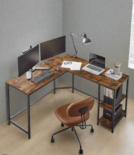 Rustic Brown & Black L-Shaped Computer Desk with Storage Shelves – 138x138 cm