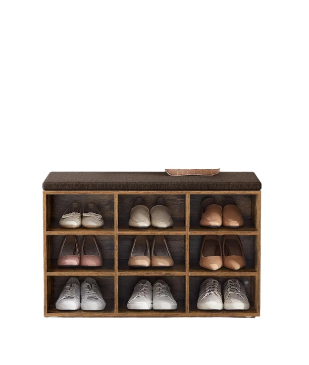 Storage Shoe Bench with Padded Seat and Cushion, 9 Compartments with Adjustable Shelves
