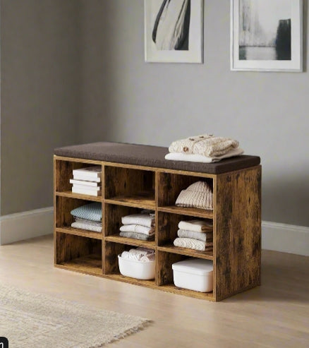 Storage Shoe Bench with Padded Seat and Cushion, 9 Compartments with Adjustable Shelves