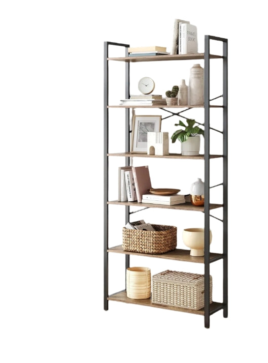 6-Tier Industrial Bookshelf with X-Brace – Tall Slim Bookcase, 30 x 80 x 186 cm, Wheat Brown & Ink Black