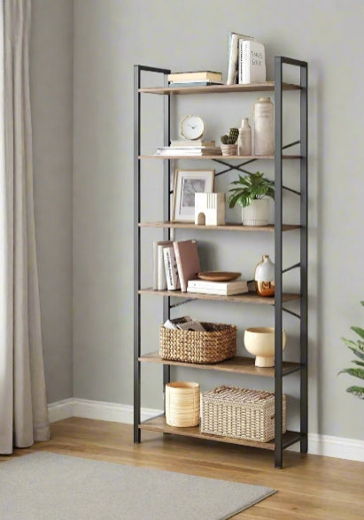 6-Tier Industrial Bookshelf with X-Brace – Tall Slim Bookcase, 30 x 80 x 186 cm, Wheat Brown & Ink Black