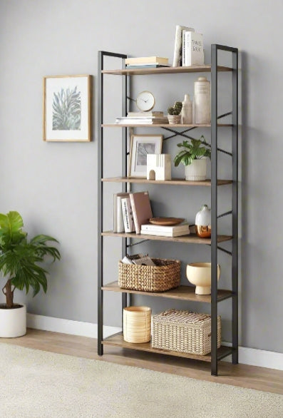 6-tier industrial bookshelf in wheat brown and ink black with X-brace back in modern living room