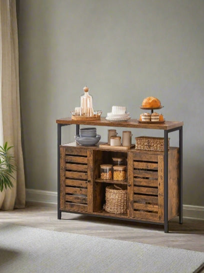 Rustic Floor Standing Cabinet with Louvred Doors – Kitchen Storage Cupboard with Shelves, Industrial Style