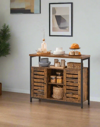 Rustic Floor Standing Cabinet with Louvred Doors – Kitchen Storage Cupboard with Shelves, Industrial Style