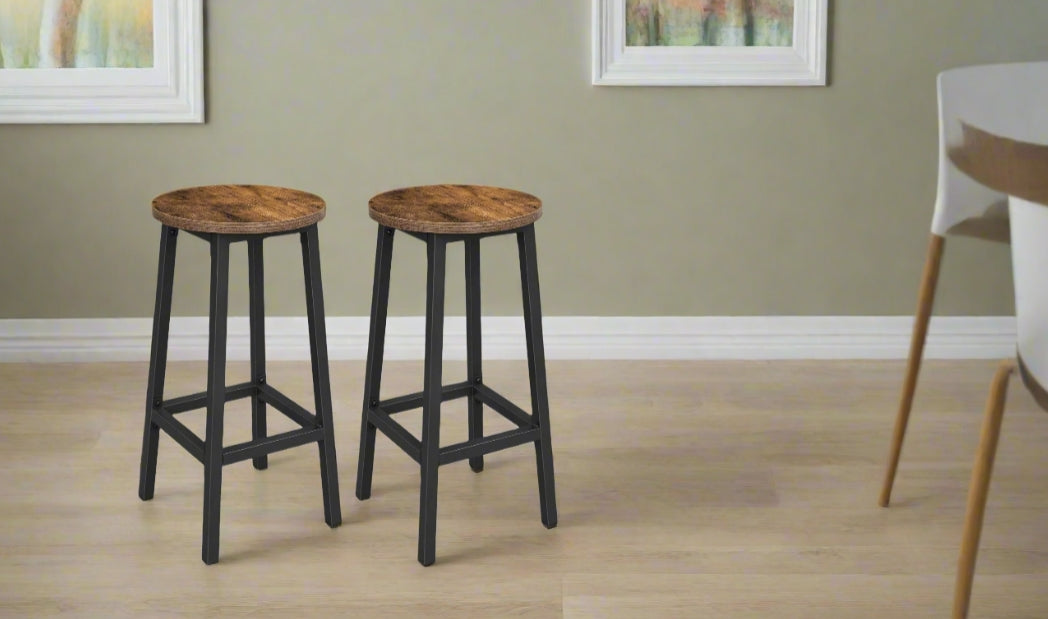 Set of 2 Bar Stools, Industrial Kitchen Breakfast Chairs, Rustic Brown and Black