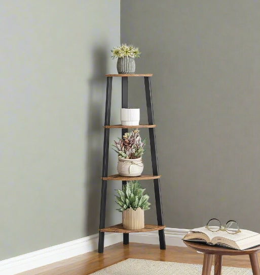 4 Tier Industrial Style Corner Shelf Shelf - Rustic Brown