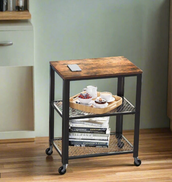 Vintage 3-tier rustic kitchen serving trolley with wooden shelves and wheels for easy mobility, industrial style cart