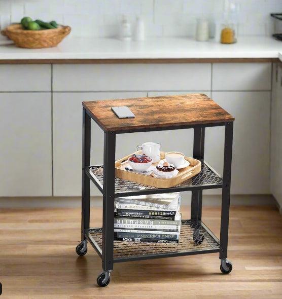 Vintage 3-Tier Serving Trolley with Wheels, Rustic Rolling Kitchen Cart, Heavy Duty Storage Shelf