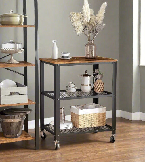 Vintage 3-Tier Serving Trolley with Wheels, Rustic Rolling Kitchen Cart, Heavy Duty Storage Shelf