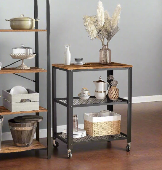 Vintage 3-Tier Serving Trolley with Wheels, Rustic Rolling Kitchen Cart, Heavy Duty Storage Shelf