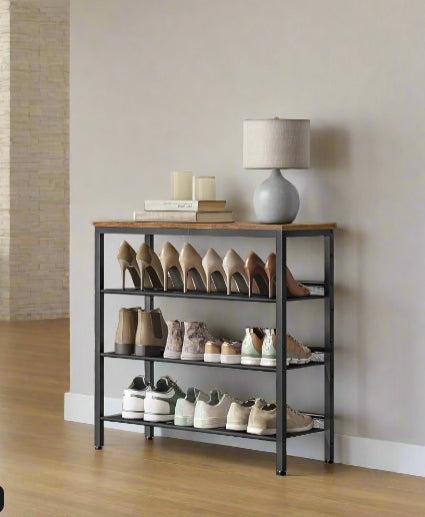 4-tier industrial shoe rack with adjustable mesh shelves and rustic brown top, ideal for entryway or hallway shoe storage